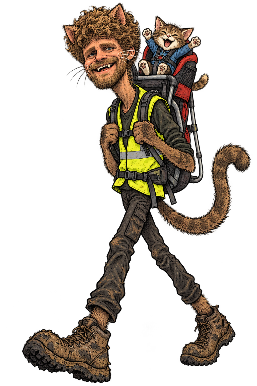 Cartoon alley-cat caricature of George in high-vis with a child carrier